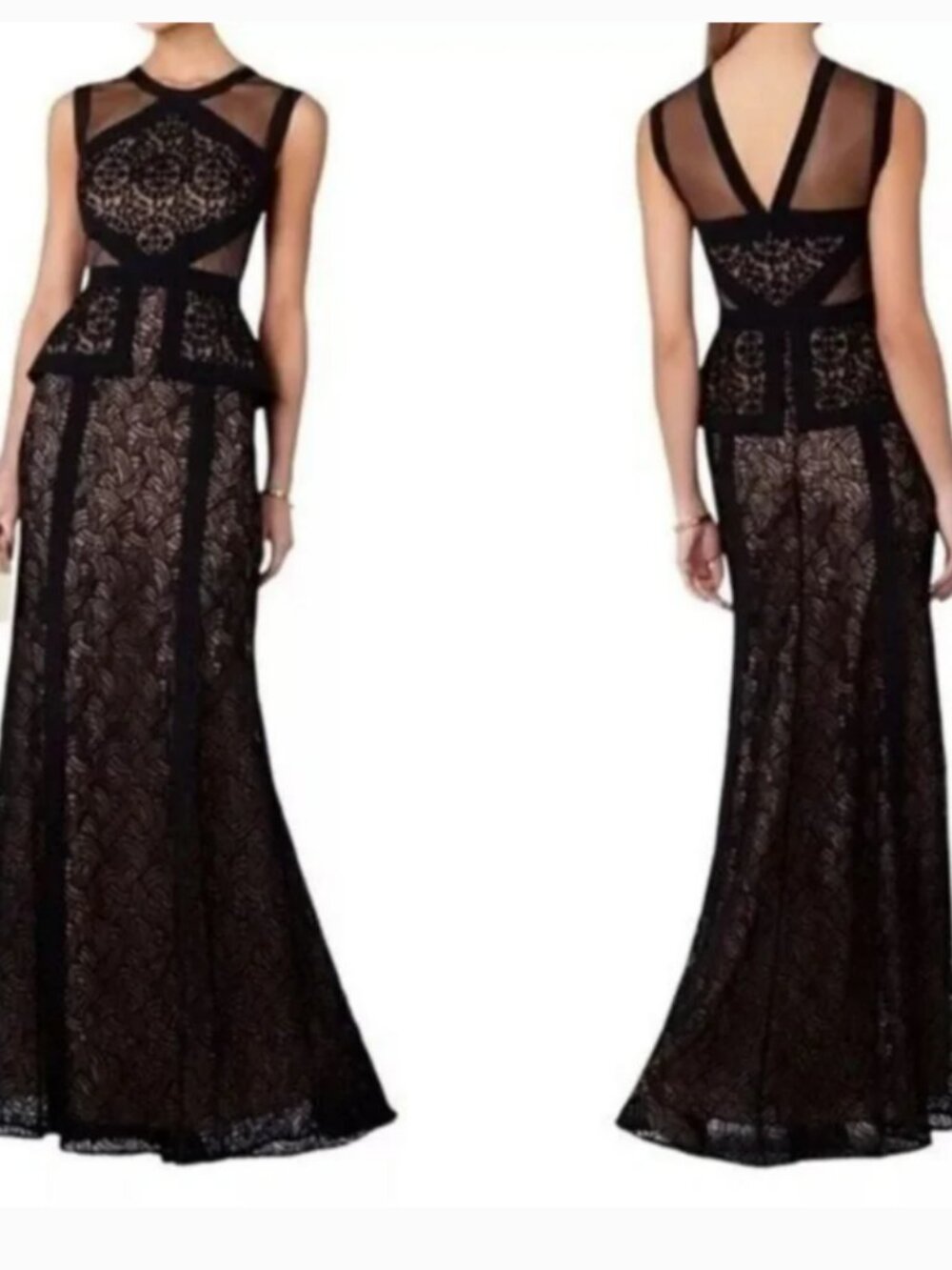 BCBG MAX AZRIA Viviana Black Illusion Lace Peplum Gown - 0